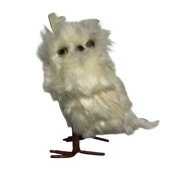 Faux Fur White Snowy Owl Figurine Winter Christmas Decor 5.5-Inch Wire Feet - Picture 4 of 7